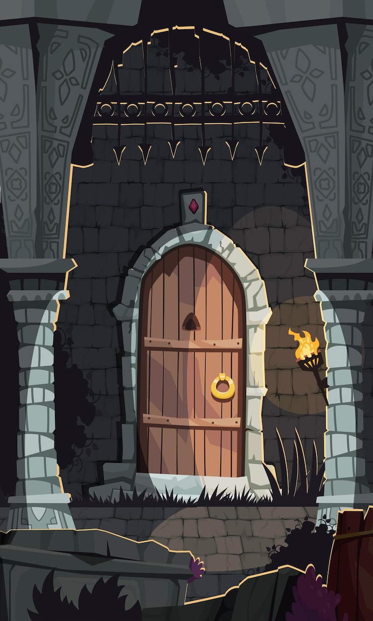 Vettore gratuito manifesto del fumetto del dungeon con l'illustrazione di vettore della porta del castello medievale