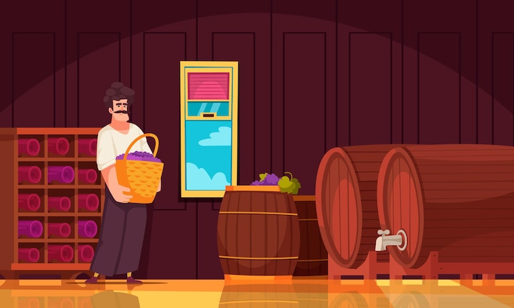 Vettore gratuito manifesto del fumetto della cantina con il lavoratore maschio che tiene l'illustrazione di vettore della vendemmia