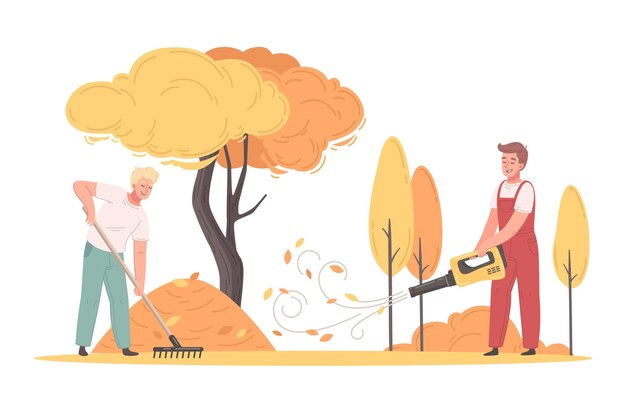 Manifesto del fumetto della falciatrice da giardino con i lavoratori maschi che rimuovono l'illustrazione di vettore delle foglie di autunno