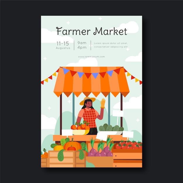Manifesto del mercato degli agricoltori di design piatto disegnato a mano