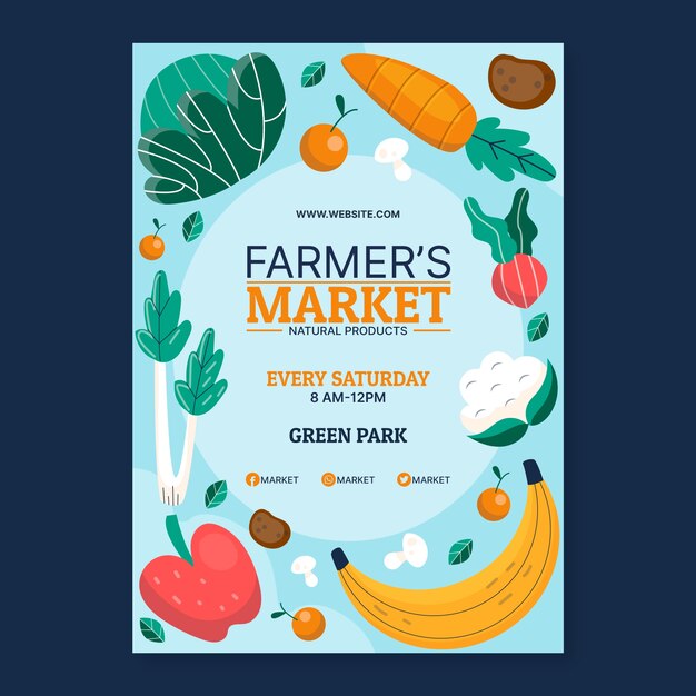 Manifesto del mercato degli agricoltori di design piatto disegnato a mano