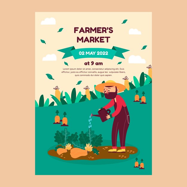 Manifesto del mercato degli agricoltori di design piatto disegnato a mano