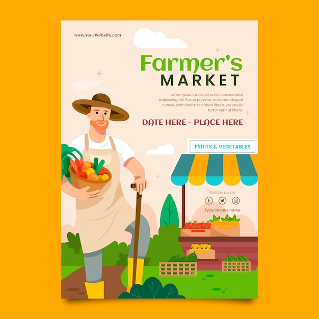 Manifesto del mercato degli agricoltori di design piatto disegnato a mano