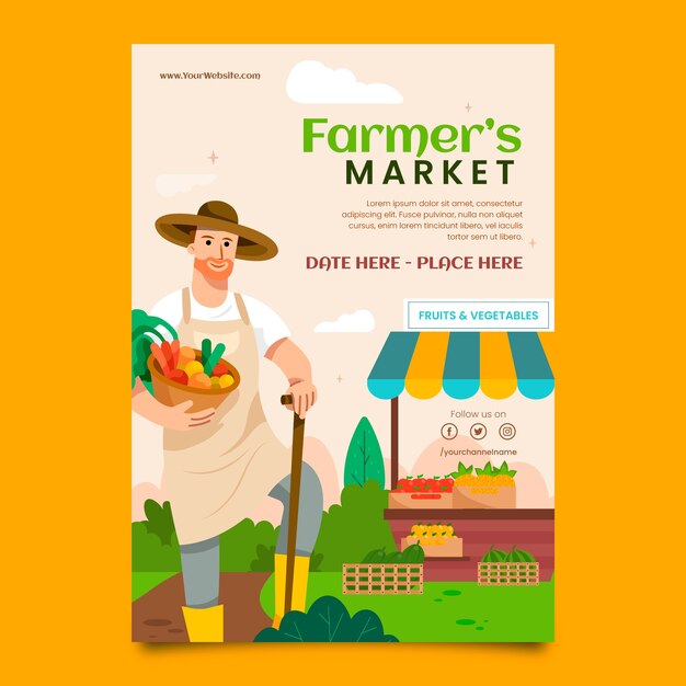Manifesto del mercato degli agricoltori di design piatto disegnato a mano