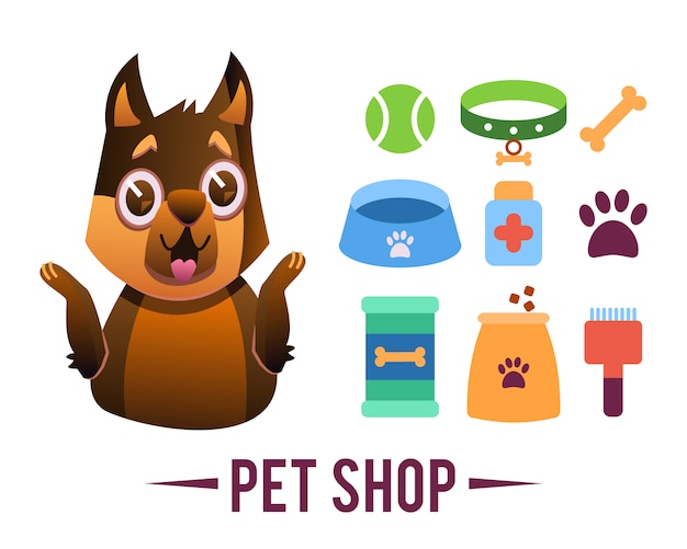 Manifesto del negozio di animali, cane con oggetti per animali domestici