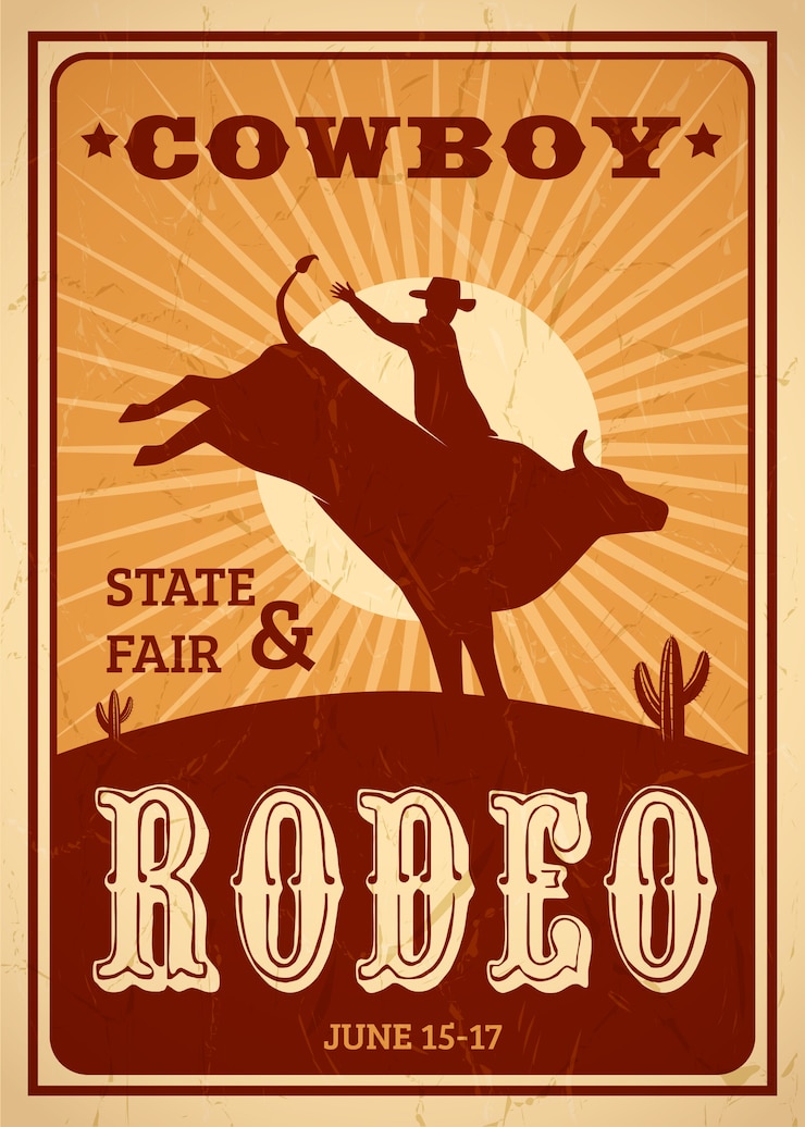 Vettore gratuito manifesto del rodeo della pubblicità nel retro stile con il cowboy che monta cavallo selvaggio
