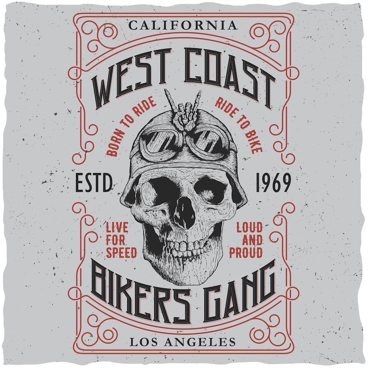 Vettore gratuito manifesto della banda di motociclisti della costa occidentale con design t-shirt e teschio nell'illustrazione del casco da motociclista