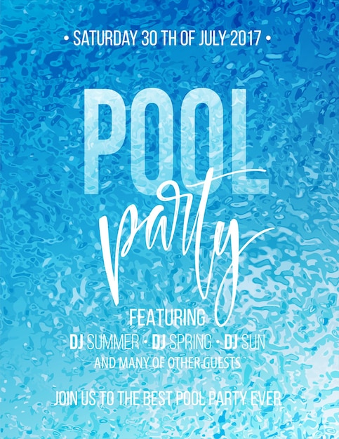 Manifesto della festa in piscina con ondulazione dell'acqua blu e testo della scrittura.