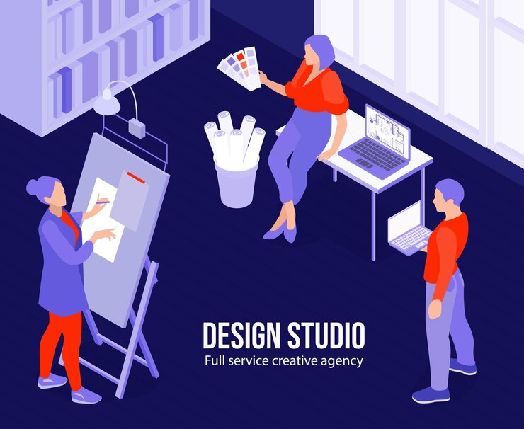 Vettore gratuito manifesto dello studio di design dell'agenzia creativa con un team di interior designer che lavorano insieme illustrazione vettoriale isometrica
