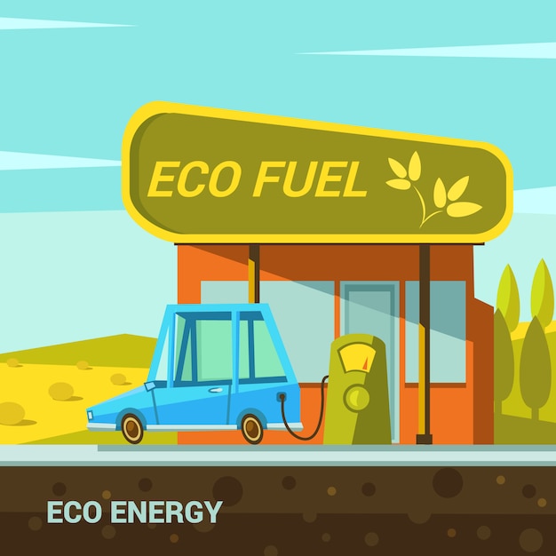 Manifesto di energia del fumetto di energia ecologica con stile retrò stazione di carburante eco