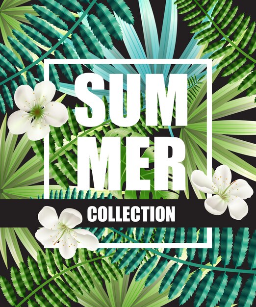 Manifesto di estate collezione verde con fiori e foglie tropicali sullo sfondo.