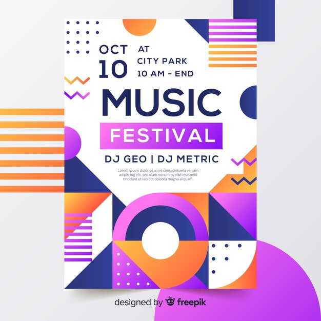 Manifesto di musica geometrica colorata in stile memphis