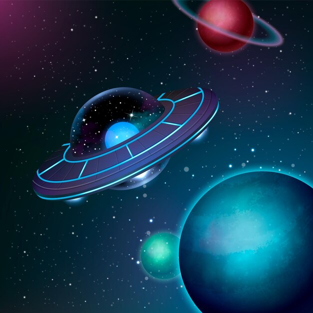 Manifesto realistico della navicella spaziale UFO con astronave aliena tra i pianeti illustrazione vettoriale