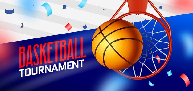 Manifesto realistico di pallacanestro di sport con il grande titolo una palla che cade in un'illustrazione di vettore del cerchio di pallacanestro