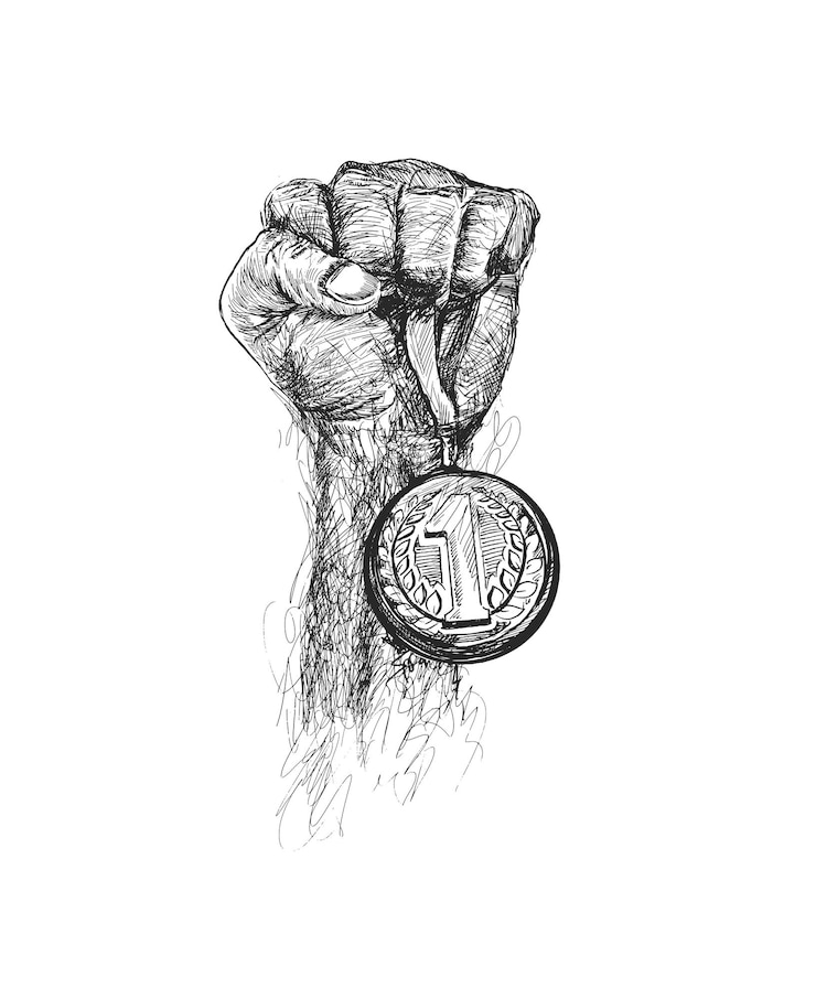 Vettore gratuito mano alzata e con medaglia d'oro award of victory sketch vector illustration