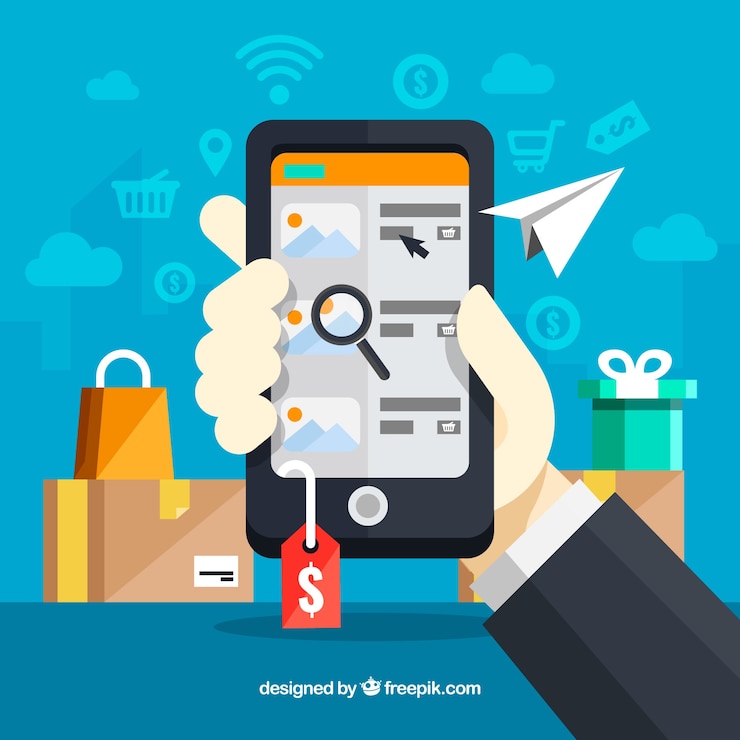 Vettore gratuito mano che tiene il telefono dopo lo shopping online