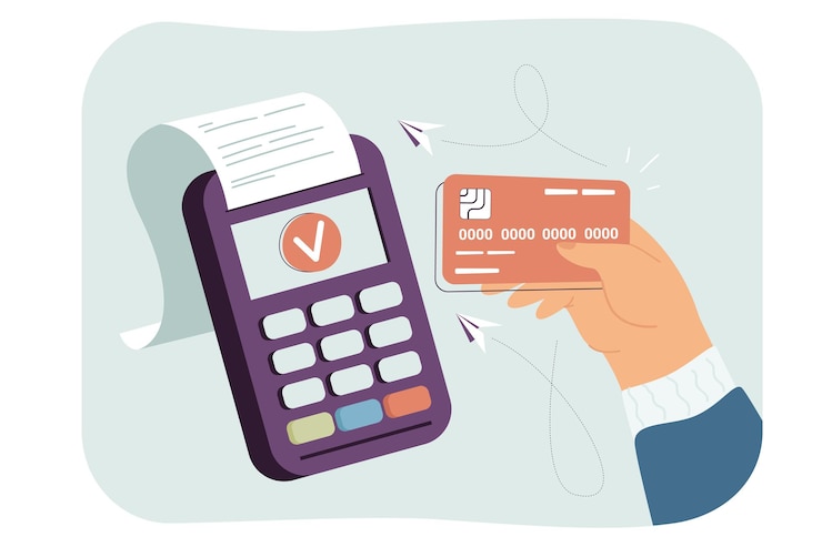 Vettore gratuito mano che tiene la carta di credito o di debito vicino allo scanner del terminale elettronico e fa l'acquisto. transazione intelligente tramite illustrazione vettoriale piatto macchina digitale. pagamento senza contatto, emv, concetto di commercio