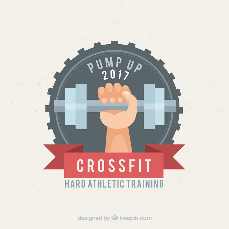 Vettore gratuito mano con manubri crossfit distintivo di fondo