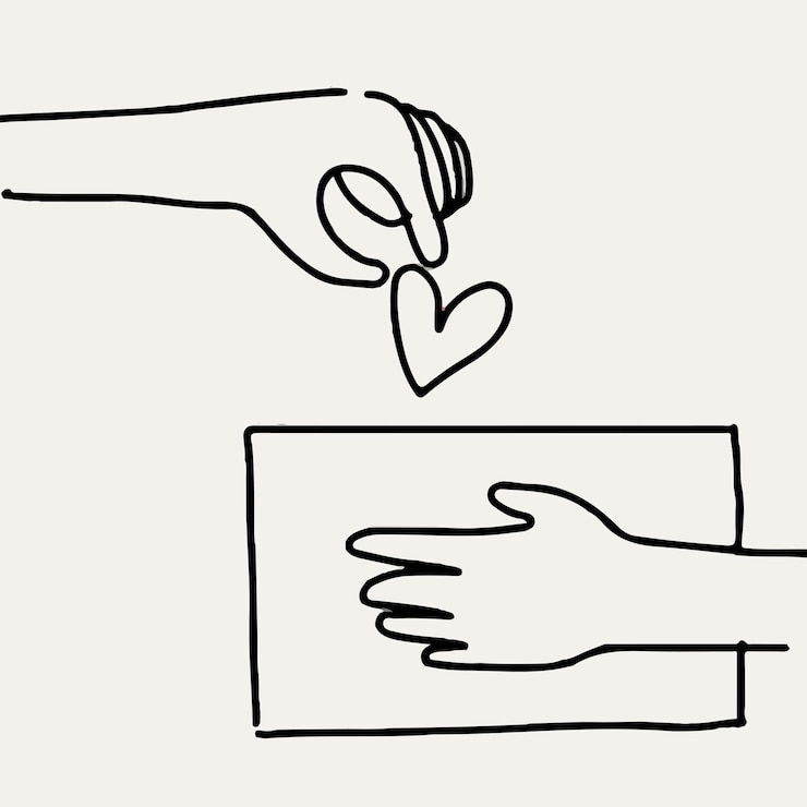 Vettore gratuito mano di vettore di scarabocchio di carità che dà cuore/denaro, concetto di donazione