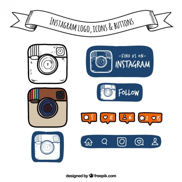 Vettore gratuito mano instagram disegnato logo, icone e pulsanti