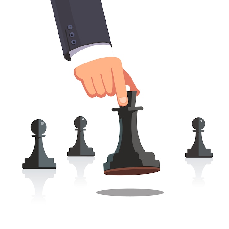 Vettore gratuito mano uomo d'affari facendo una mossa strategica di scacchi