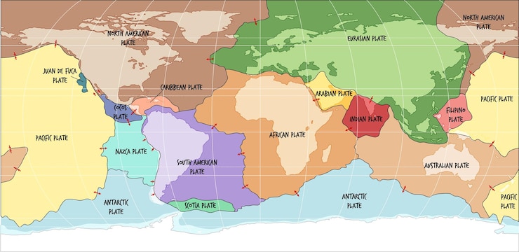 Vettore gratuito mappa del mondo che mostra i confini delle placche tettoniche