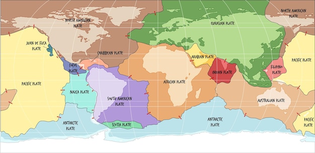 Mappa del mondo che mostra i confini delle placche tettoniche