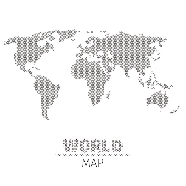 Mappa del mondo di punti esagonali su sfondo bianco illustrazione. Mappa del mondo in stile monocromatico, mappa per la geografia e la visualizzazione infografica