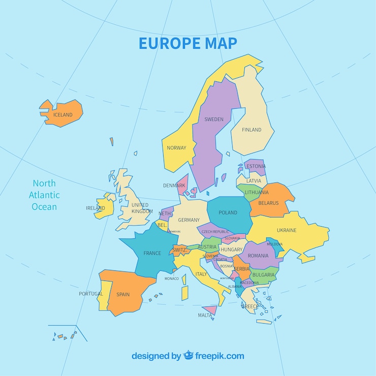 Vettore gratuito mappa dell'europa con i colori in stile piatto