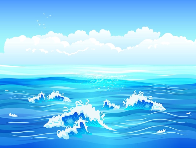 Mare calmo o superficie dell'oceano con piccole onde e illustrazione piatta del cielo blu