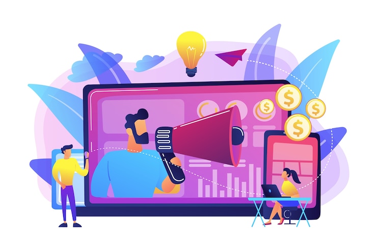 Vettore gratuito marketer che pubblica annunci con megafono e dispositivi. marketing cross-device, analisi di marketing cross-device e concetto di strategia su sfondo bianco. illustrazione isolata viola vibrante brillante
