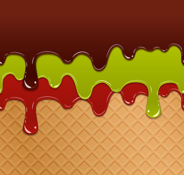 Marmellata di bacche che scorre, gelatina verde e cioccolato sul modello senza cuciture di struttura del gelato della cialda. Dolciumi deliziosi, colazione fresca multicolore,