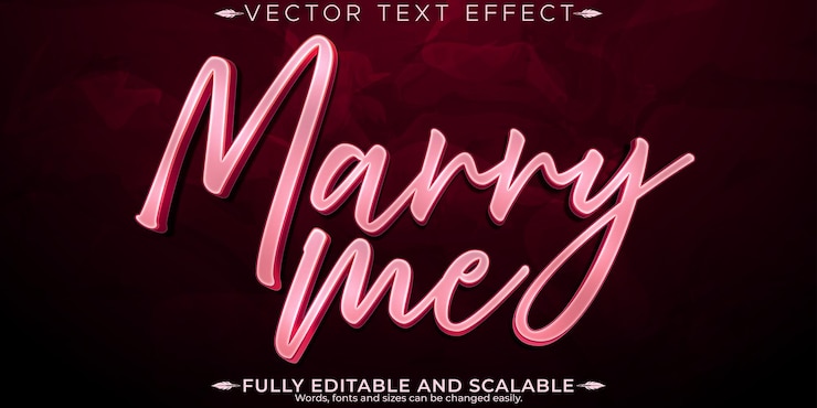 Vettore gratuito marry me effetto testo proposta modificabile e amore stile di carattere personalizzabile