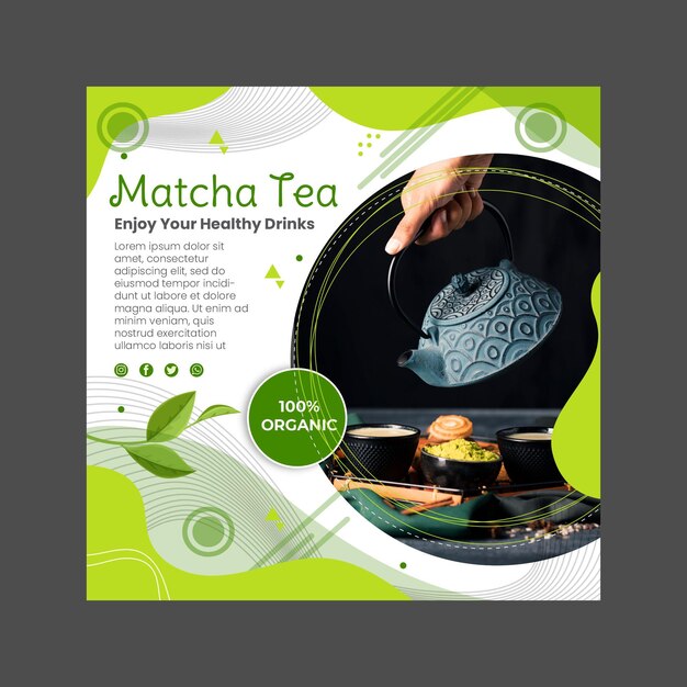 Matcha tea square flyer template design