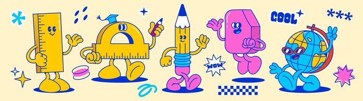Vettore gratuito materiali scolastici per i personaggi dei cartoni animati