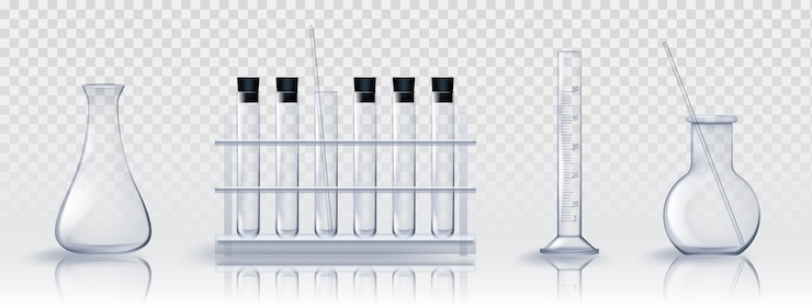 Vettore gratuito matracci chimici da laboratorio in vetro e provette in un set di illustrazioni vettoriali realistiche contenitori e pipette per vetreria vuota da laboratorio trasparente attrezzature mediche o farmaceutiche scientifiche