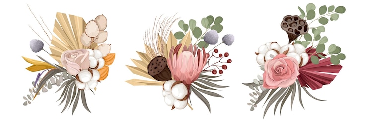 Vettore gratuito mazzi di fiori secchi boho con composizione di tre mazzi isolati con fiori selvatici e illustrazione di mais domestico