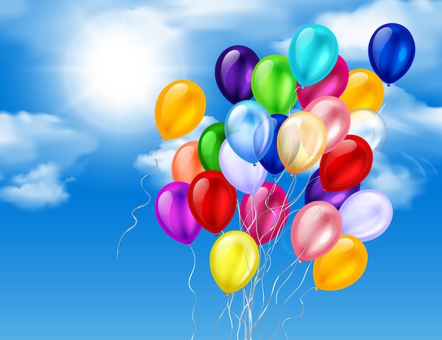 Mazzo di palloncini colorati sulla composizione realistica del cielo con le nuvole del cielo del sole e palloncini volanti con illustrazione di fili