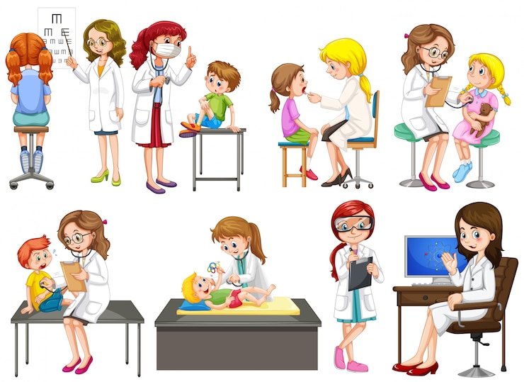Vettore gratuito medici e pazienti in clinica illustrazione