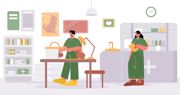 Medici veterinari che lavorano e si prendono cura degli animali domestici