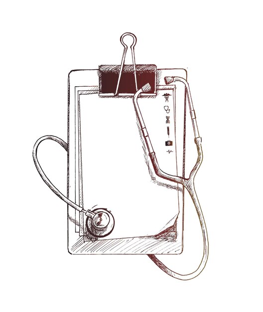 Medico Appunti in bianco con uno stetoscopio moderno Illustrazione vettoriale di schizzo disegnato a mano