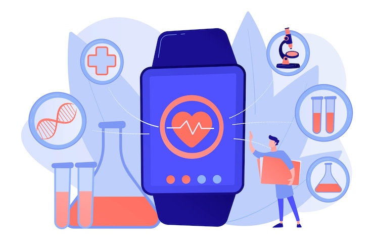 Vettore gratuito medico e smartwatch con cuore e icone mediche. smartwatch health tracker e health monitor, attività tracking concept pinkish coral bluevector isolated illustration