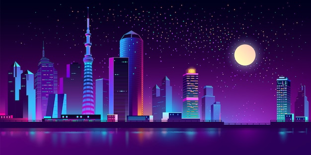 Megapolis al neon sul fiume di notte