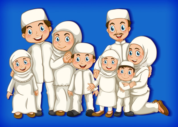 Membro della famiglia musulmana su sfondo sfumato di colore personaggio dei cartoni animati