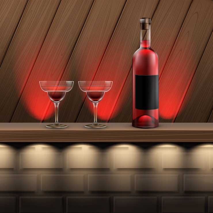 Vettore gratuito mensola in legno marrone vettoriale con retroilluminazione rossa, bottiglia di vino e bicchiere da cocktail su priorità bassa del mattone