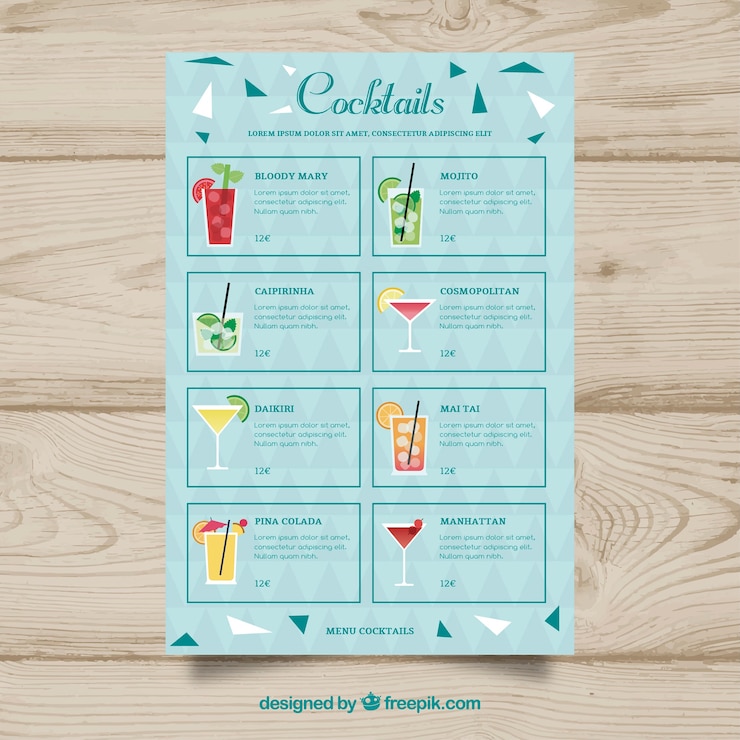 Vettore gratuito menu cocktail blu