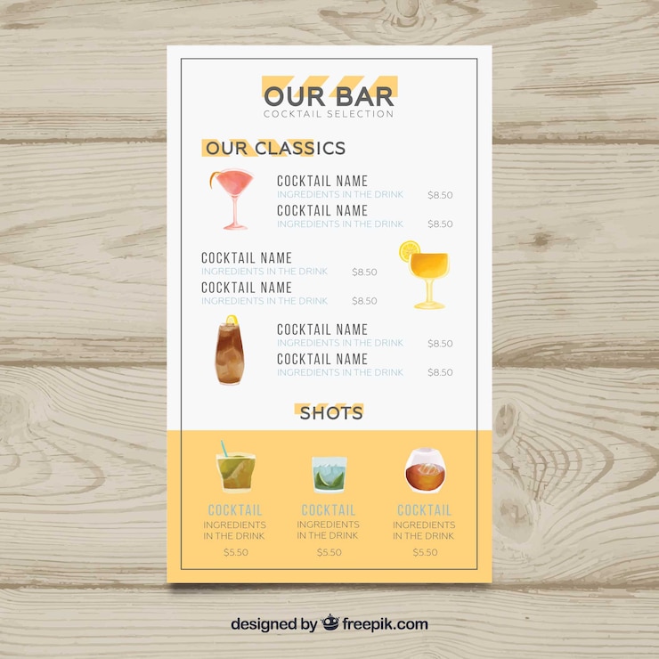 Vettore gratuito menù cocktails con lista bar