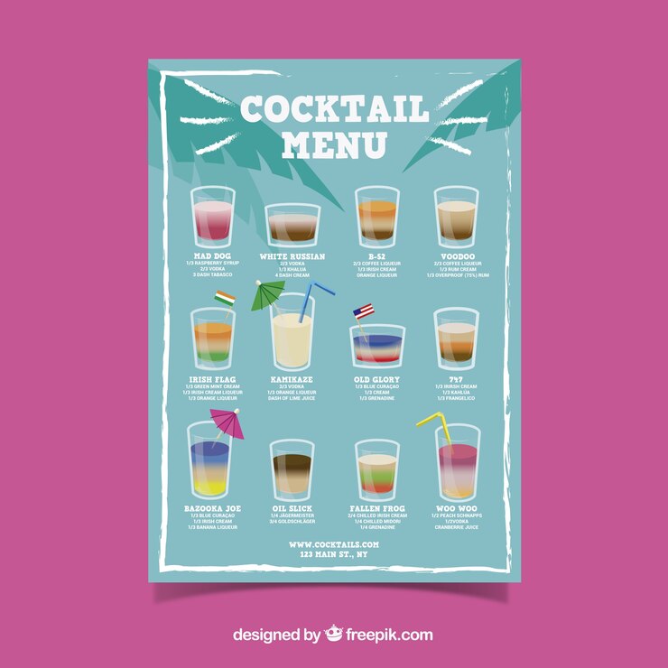 Vettore gratuito menu con diversi cocktail in stile piatto
