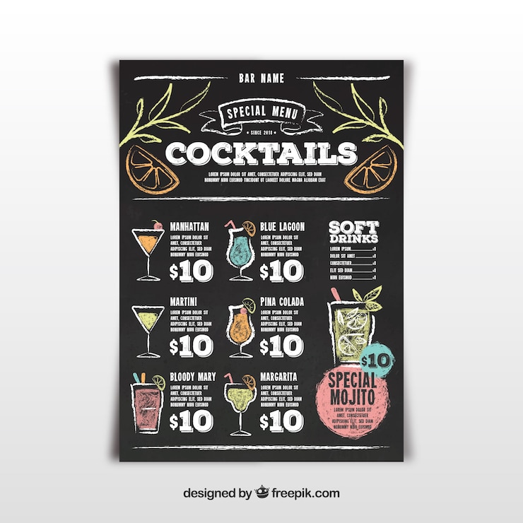 Vettore gratuito menu del cocktail bar in stile lavagna