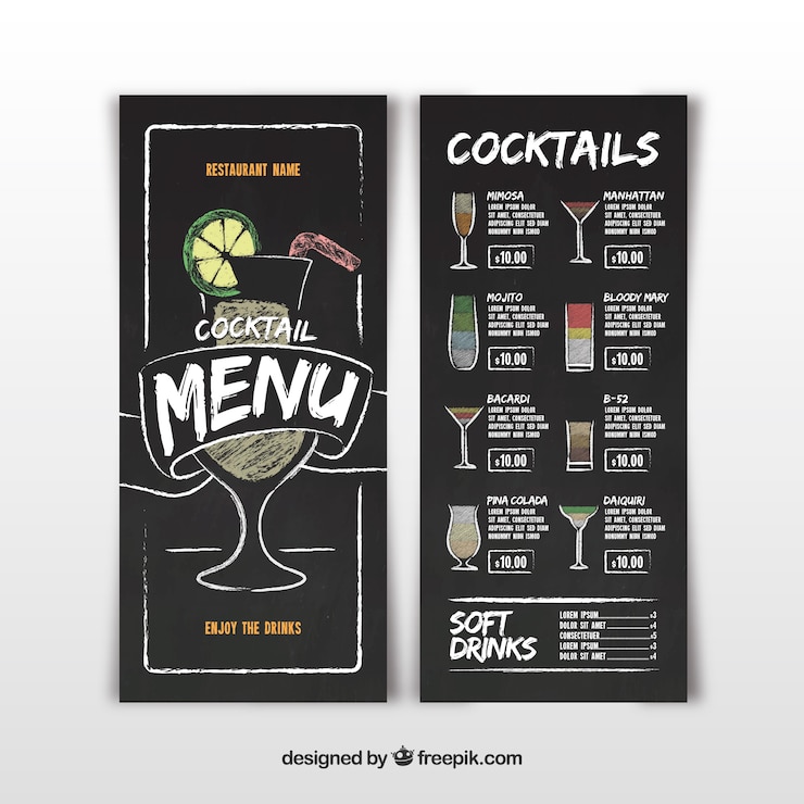 Vettore gratuito menu del cocktail bar in stile lavagna